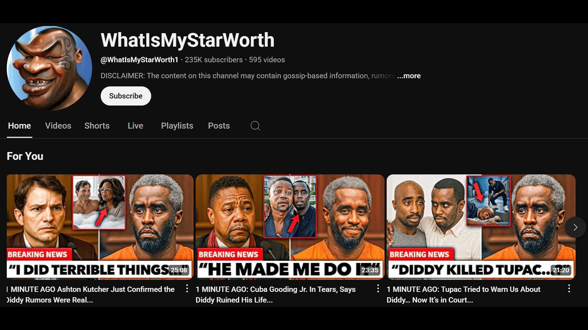 The YouTube channel posting fake stories about the Diddy trial. (Image via YouTube/ WhatIsMyStarWorth)
